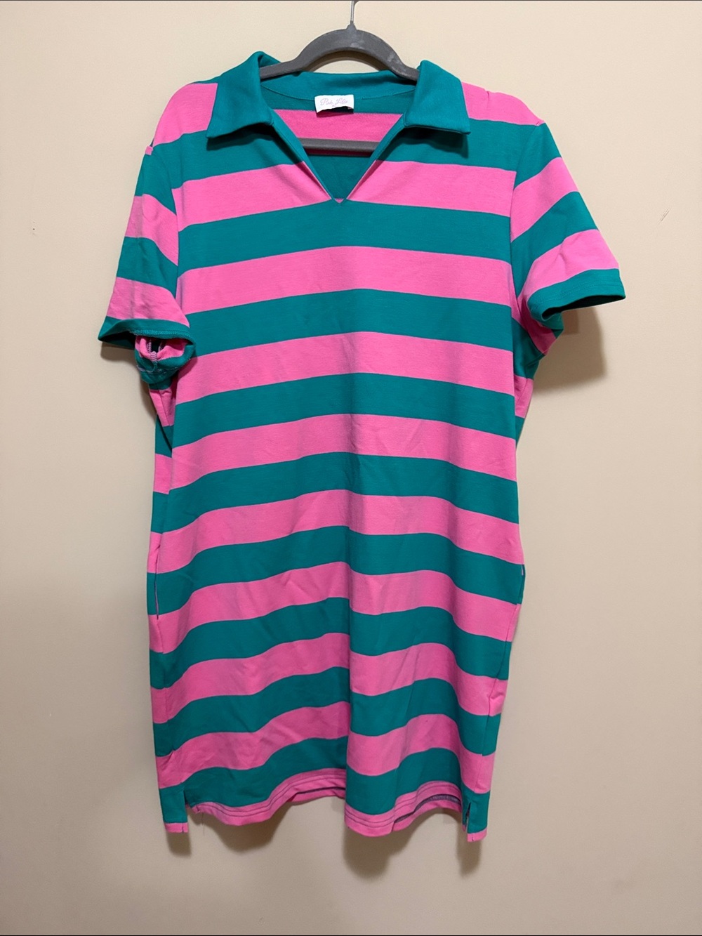 Pink Lily Pink and Teal Striped Polo Top